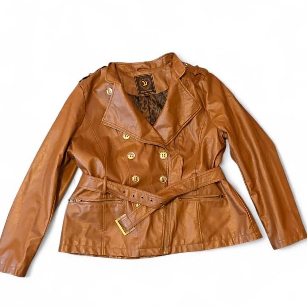 Dollhouse Faux Leather Moto Jacket Women’s 2X Cognac Brown Belted Leopard Lined